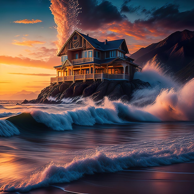 Une maison sur un rocher avec des vagues qui s'écrasent dessus