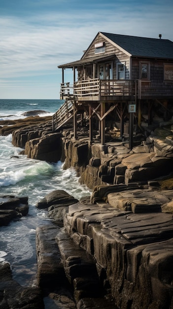 Une maison sur les rochers avec les mots "la mer" en bas.