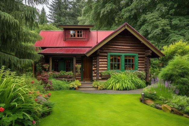 Maison en rondins au toit rouge et aux volets verts entourée d'un écrin de verdure