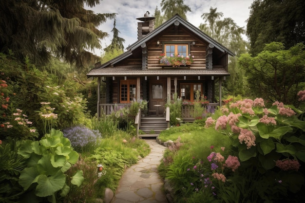 Maison en rondins avec jardin luxuriant et plantes fleuries