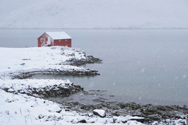 Photo maison rorbu rouge en hiver, îles lofoten, norvège