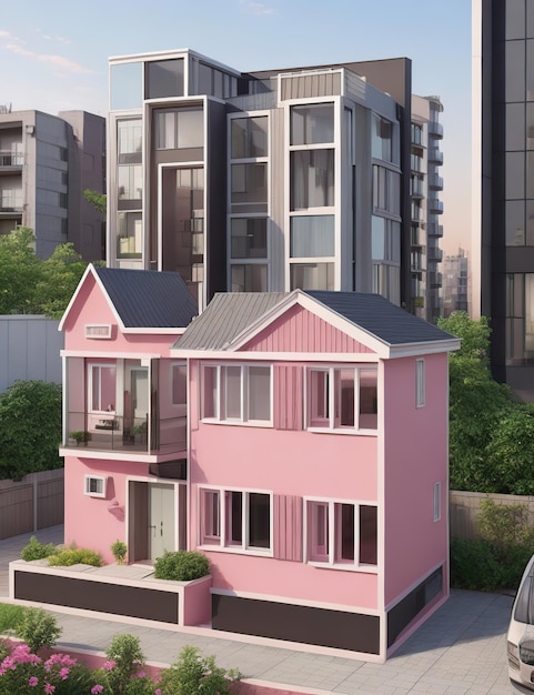 Maison rose au milieu d'un environnement urbain