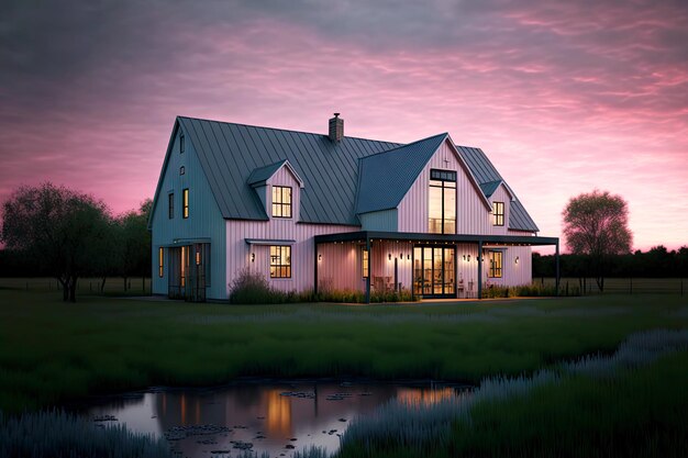 Maison rose au toit gris avec maison extérieure contemporaine et grande véranda