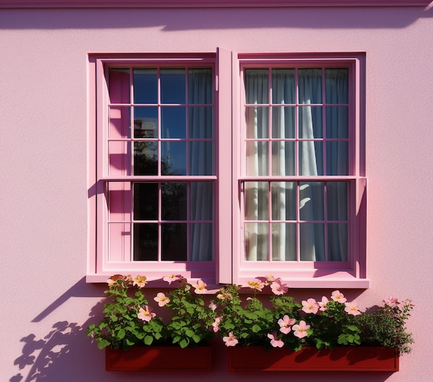 maison rose avec belle fenêtre dans un jardin avec un mur blanc