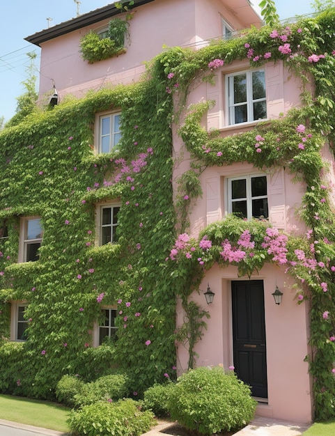 Maison rose avec des fleurs de plantes grimpantes recouvrant ses murs et ses jardins