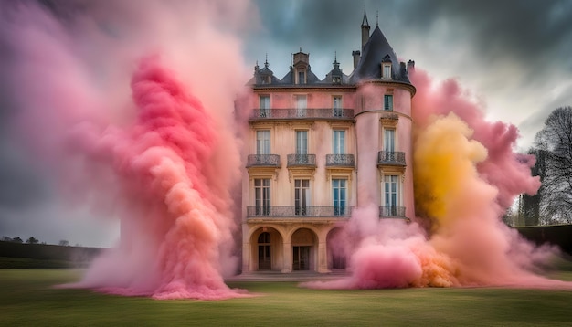 Photo une maison rose et jaune avec de la fumée rose en arrière-plan