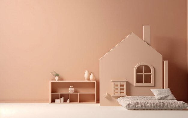 Une maison rose avec un lit blanc et une étagère qui dit "maison" dessus