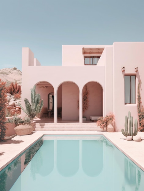 une maison rose avec une piscine et un cactus au premier plan.