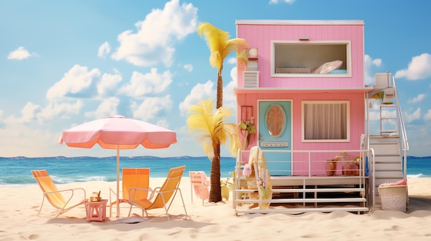 Une maison rose sur une plage.