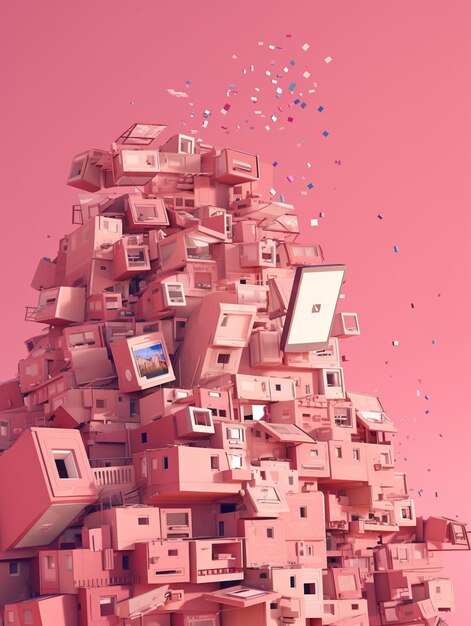 Une maison rose avec un tas de cartons dessus