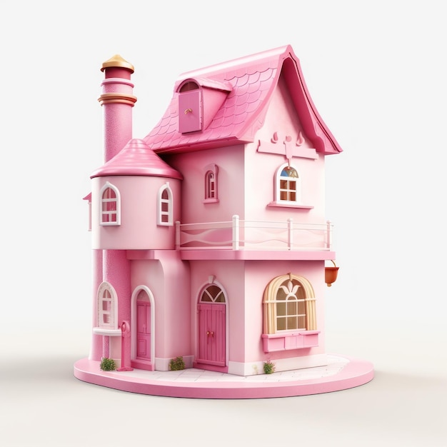 Une maison rose avec un toit rose et une cheminée se trouve sur un fond blanc.
