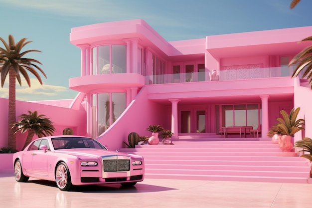 maison rose avec voiture rose dans le style des ambiances hyperréalistes