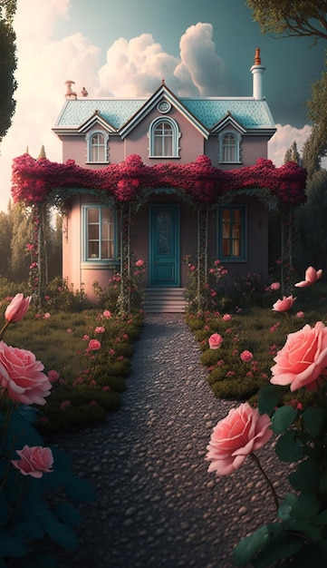 Une maison avec des roses sur le devant