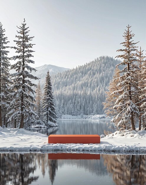 une maison rouge au milieu d'une forêt enneigée