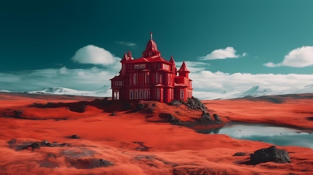 Une maison rouge dans le désert avec un ciel bleu et des nuages.