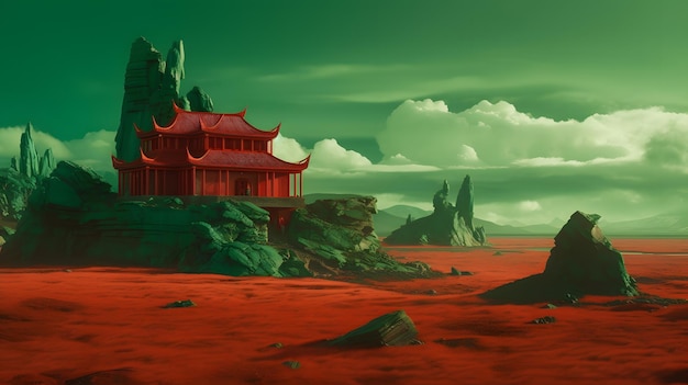 Une maison rouge dans le désert avec un ciel rouge en arrière-plan.