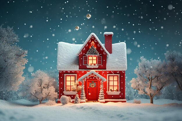 Photo maison rouge sur fond de neige blanche dans le style romantique