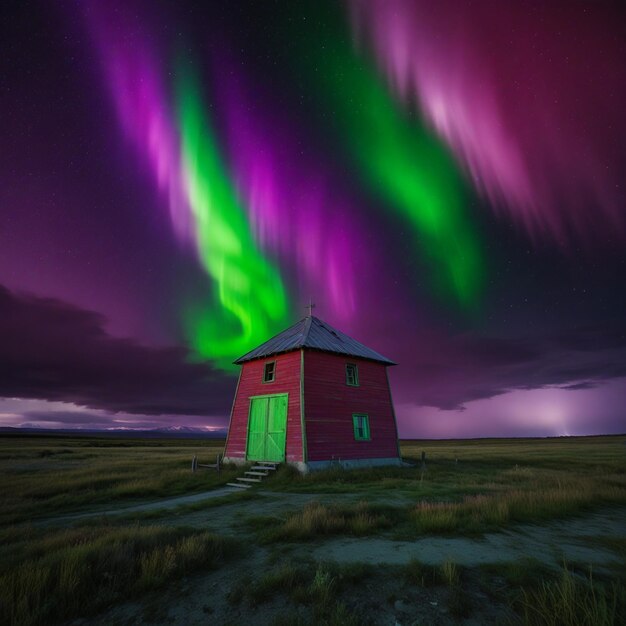 Photo une maison rouge avec des lumières vertes.