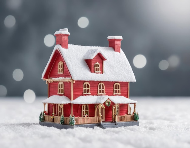 Maison rouge miniature dans l'atmosphère de la neige du Nouvel An