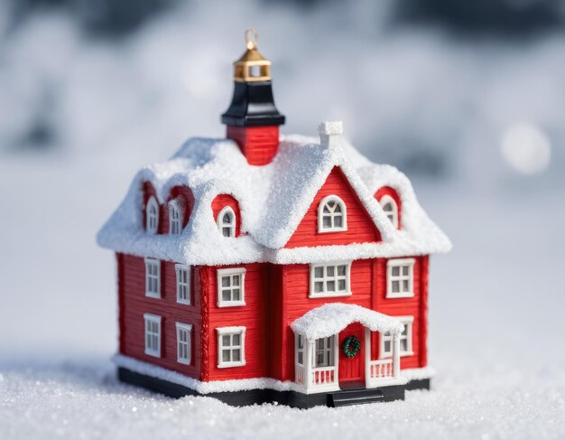 Photo maison rouge miniature dans l'atmosphère de la neige du nouvel an