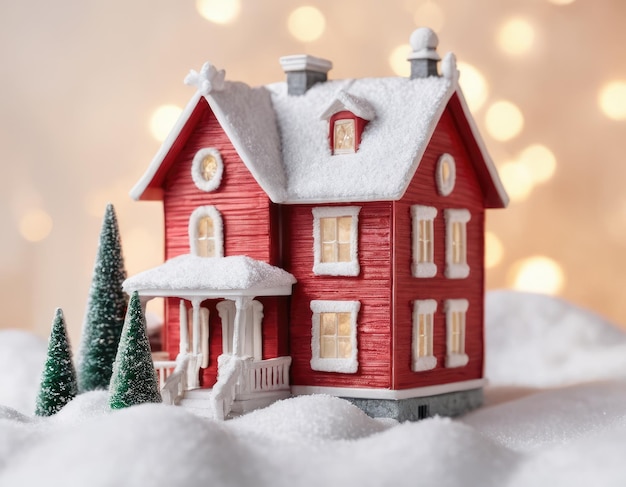 Maison rouge miniature dans l'atmosphère de la neige du Nouvel An