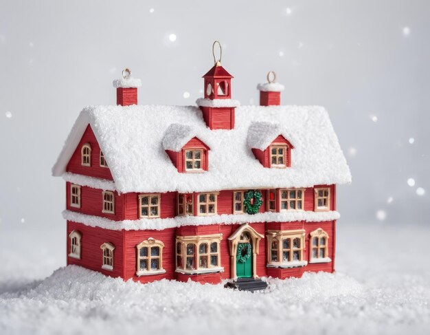 Maison rouge miniature dans l'atmosphère de la neige du Nouvel An