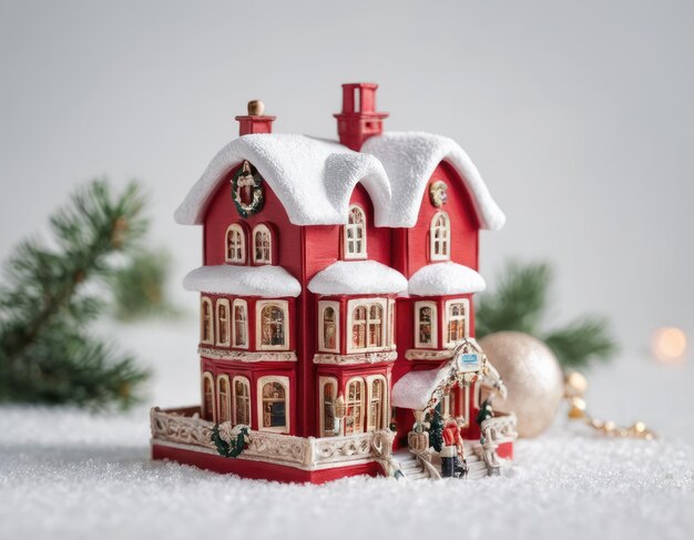 Photo maison rouge miniature dans l'atmosphère de la neige du nouvel an