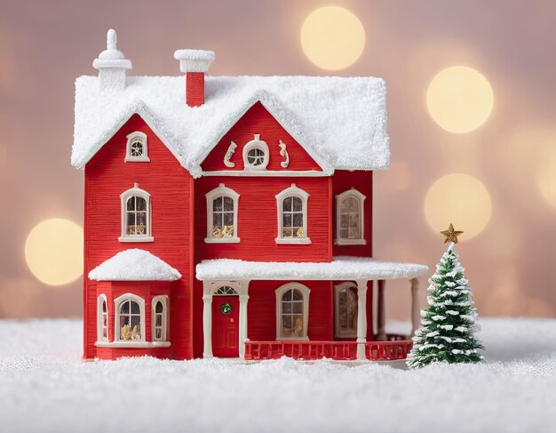 Maison rouge miniature dans l'atmosphère de la neige du Nouvel An