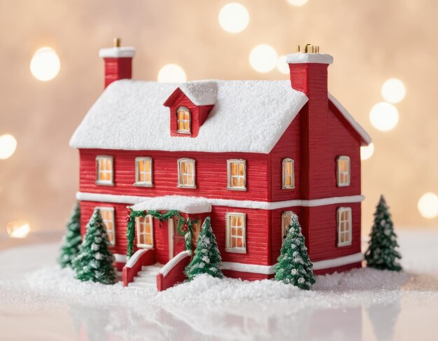 Maison rouge miniature dans l'atmosphère de la neige du Nouvel An