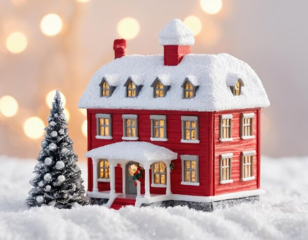 Maison rouge miniature dans l'atmosphère de la neige du Nouvel An