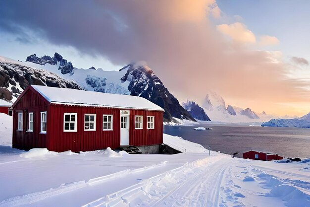 Photo une maison rouge avec de la neige sur le toit