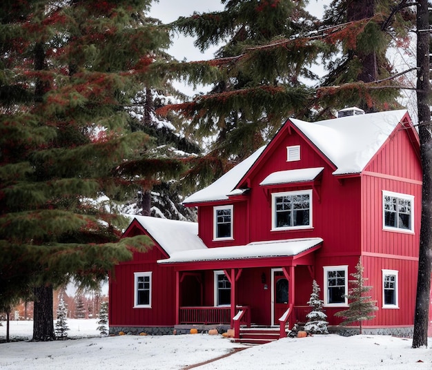 Maison rouge sous la neige