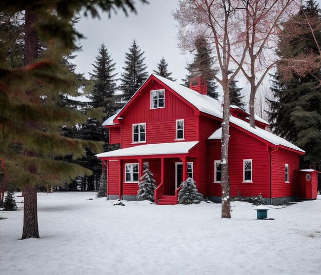 Maison rouge sous la neige