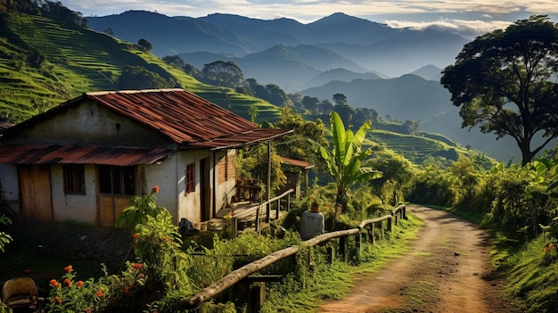 une maison sur une route de terre avec une vue sur les montagnes