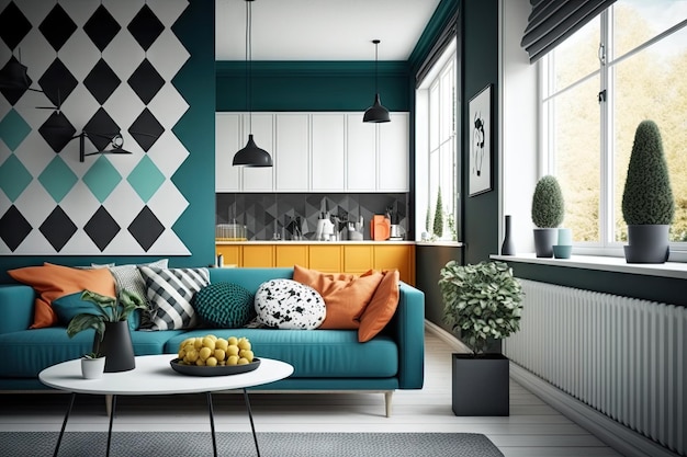 Maison scandinave aux formes géométriques et aux couleurs vives mettant en valeur le style unique créé avec l'IA générative