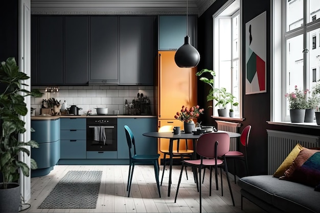 Maison scandinave avec des couleurs contrastées audacieuses et des finitions élégantes créées avec une IA générative