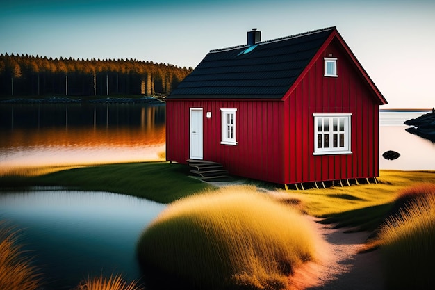 Une maison scandinave rouge dans un lac avec un ciel bleu en arrière-plan