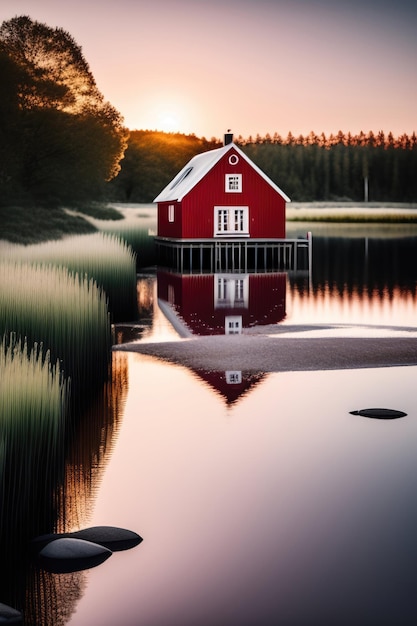 Une maison scandinave rouge sur un lac avec un coucher de soleil en arrière-plan