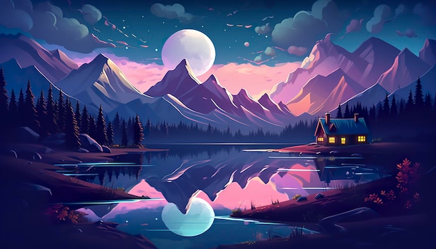 Maison de scène de montagne au clair de lune au bord d'un lac AI Generative