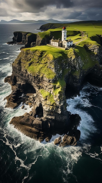 Une maison se trouve sur une falaise surplombant l'océan.