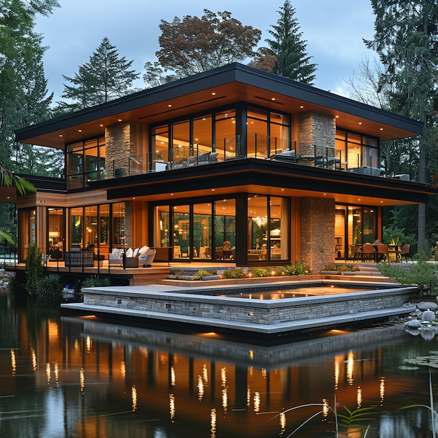 Une maison sereine sur le lac avec des vues panoramiques et des espaces de vie ouverts