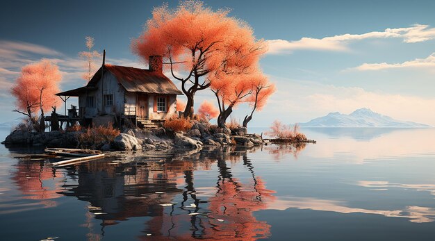 une maison solitaire est semée dans l'eau avec le soleil reflété dedans