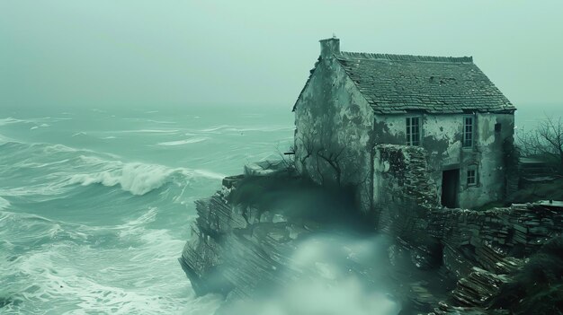 Photo une maison solitaire sur le rivage d'un océan