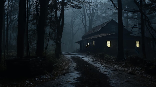 une maison sombre dans les bois la nuit