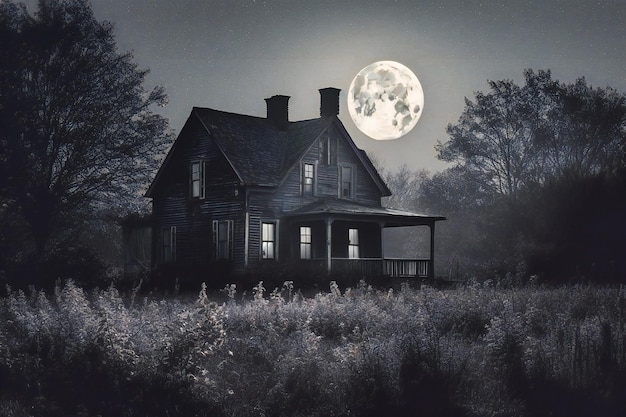 Une maison sombre éclairée par la pleine lune