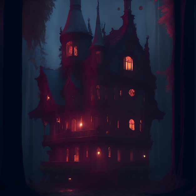 Une maison sombre avec un toit rouge et une fenêtre avec les lumières allumées.