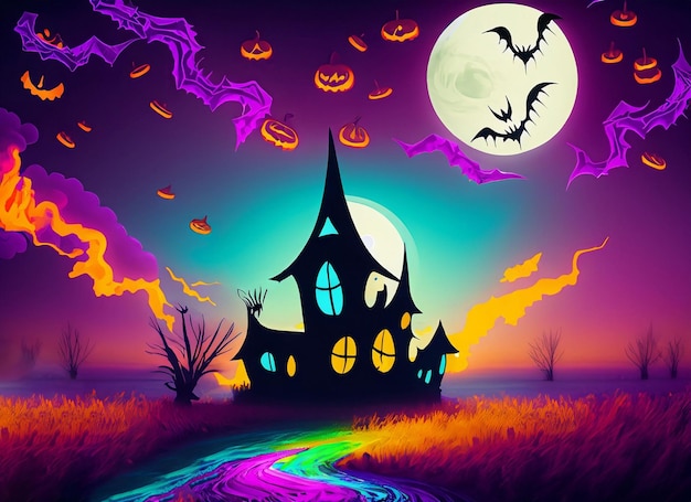 Maison de sorcière d'Halloween avec nuit de tonnerre colorée
