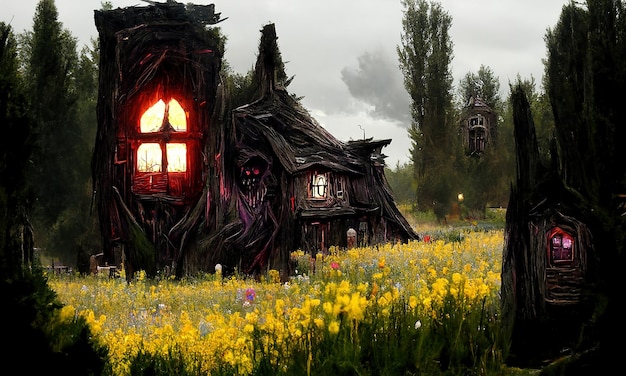 Maison de sorcière magique de conte de fées portes et fenêtres en bois rougeoyantes Chasse aux sorcières dans la forêt Illustration pour un livre de contes de fées