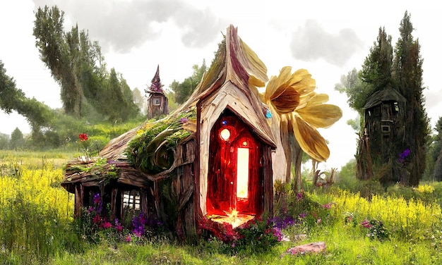 Maison de sorcière magique de conte de fées portes et fenêtres en bois rougeoyantes Chasse aux sorcières dans la forêt Illustration pour un livre de contes de fées