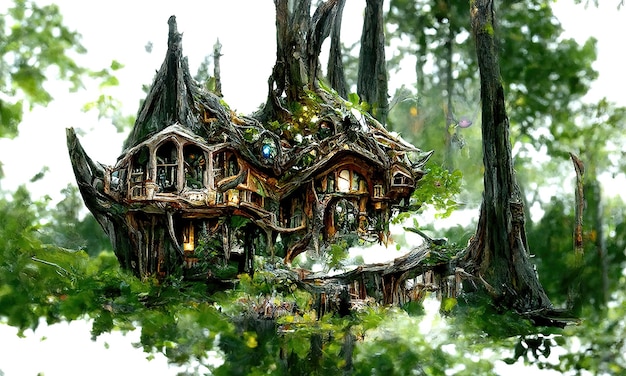 Maison de sorcière magique de conte de fées portes et fenêtres en bois rougeoyantes Chasse aux sorcières dans la forêt Illustration pour un livre de contes de fées